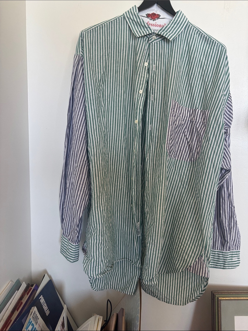 VINTAGE 90s Perry Ellis Green and White Striped Casual Button-Down Shirt